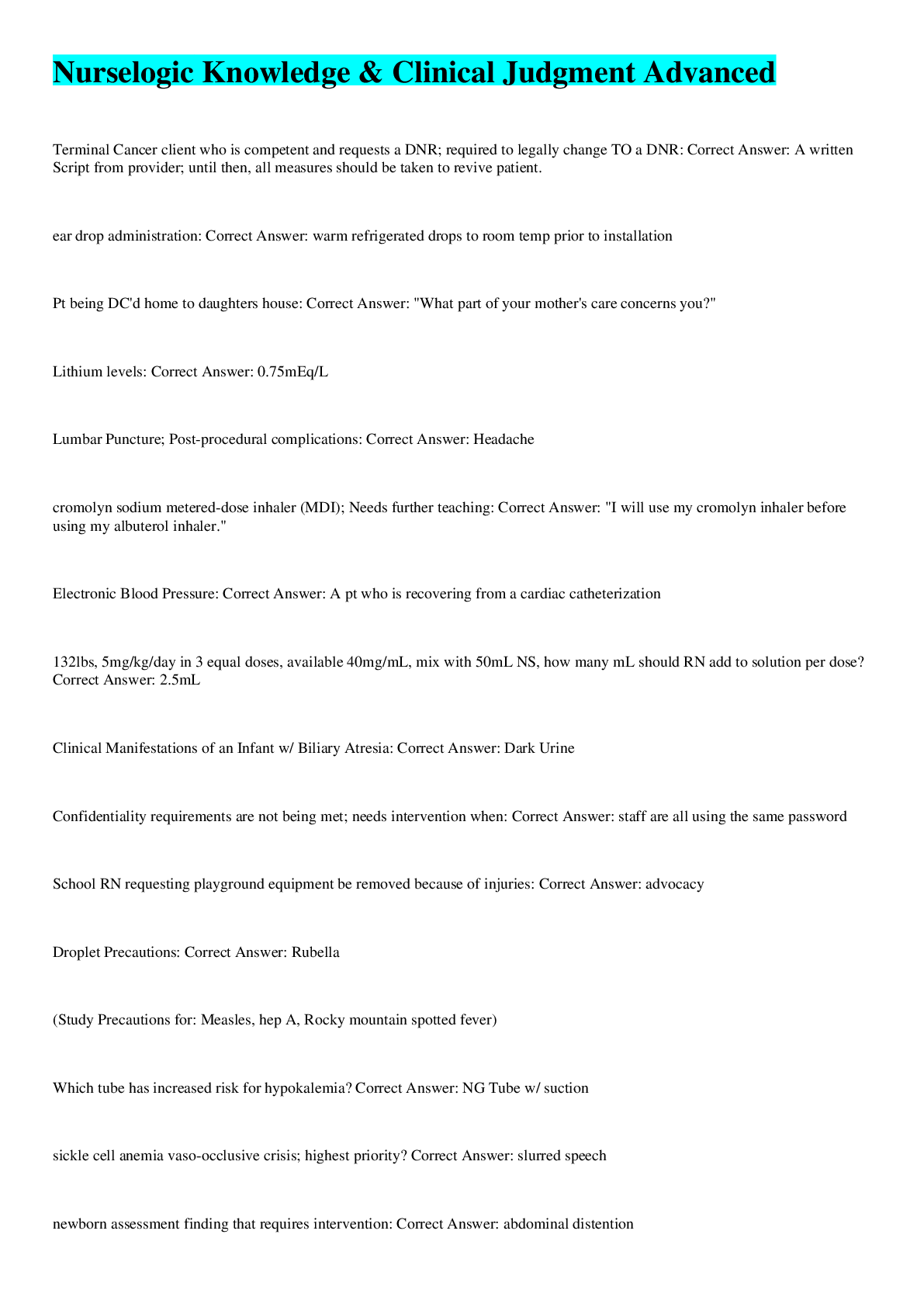 Preview image of Nurselogic Knowledge &amp; Clinical Judgment Advanced document